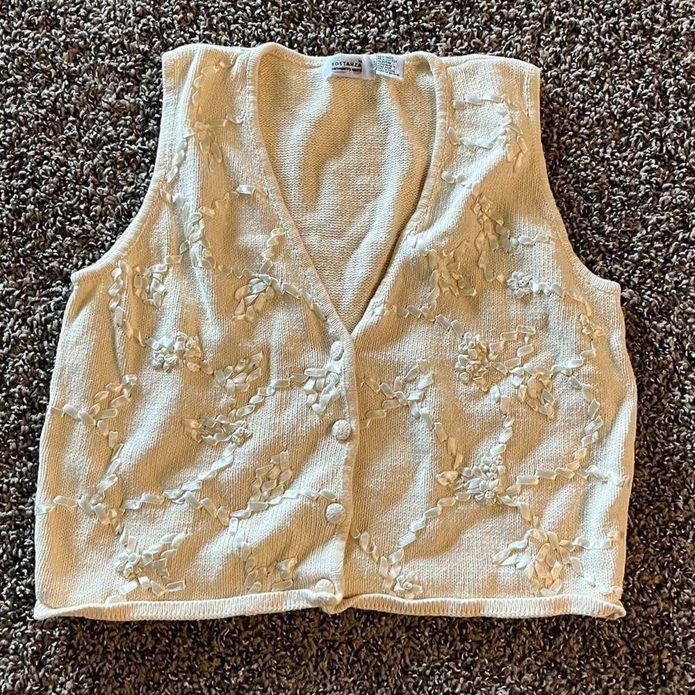 Vintage Ribbon Cream Vest GrandmaCore Coquette Cottagecore Girly Fall Holiday